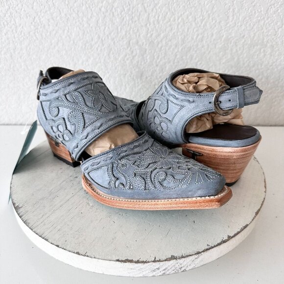 NEW Lane Robin Mule Blue Cowboy Boots Womens 7.5 Western Leather Short Floral - Picture 1 of 11